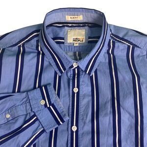 PEOPLE Men's Size Slim Fit 46‎ Stripe Button Down Blue White Navy Shirt